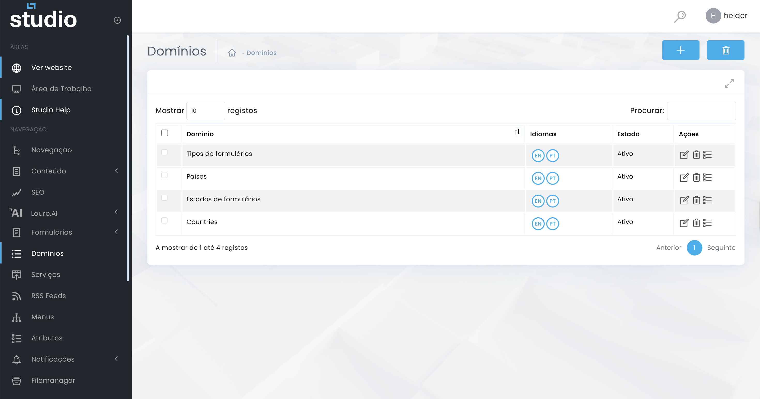 Listagem principal de domínios no Studio CMS
